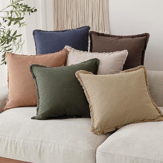 Foindtower Set of 2 Decorative Linen Fringe Throw Pillow Covers Boho Farmhouse Cushion Cover with Tassels Accent Pillowcase for Couch Chair Sofa Bed Living Room Home Decor,16×16 Inch,Tan Beige
