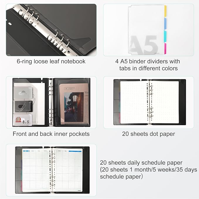 CAGIE A5 Binder 6 Ring Refillable Notebook with Dividers & Pockets | Daily Planning Square Ruled and Dotted Pages, Refill Paper Included, 6.89 x 9.25 In (Grey & Purple, A5 Daily & Dot Page)