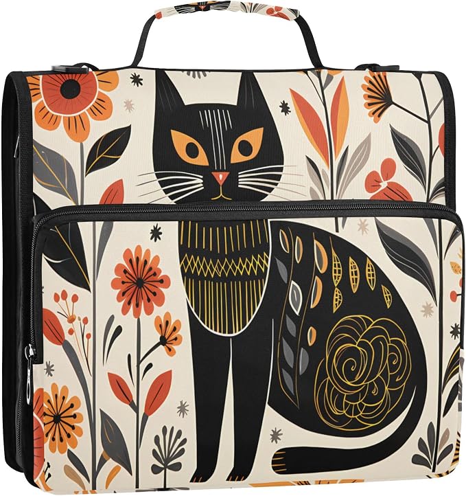 MNSRUU 3 Ring Binder Bag, 2 Inch D-Rings Easily Organizes 1 Inch Fits Letter Sized Paper, Black Cat Flowers Large 3 Hole Zipper Binder Organizer for School Office Supplies