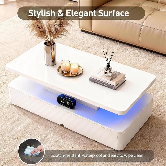 40" Modern LED Coffee Table, 2 Tier Rectangular Center Table with 16 Colors Lights & Large Storage Space, High Glossy Wooden Tea Table for Living Room, Bedroom, Home Office, White