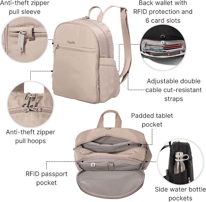 Securtex Anti-Theft Getaway Backpack - 9.4"x13"x5" Travel Safe Bag w/Locking Zippers, Slash-Resistant, RFID
