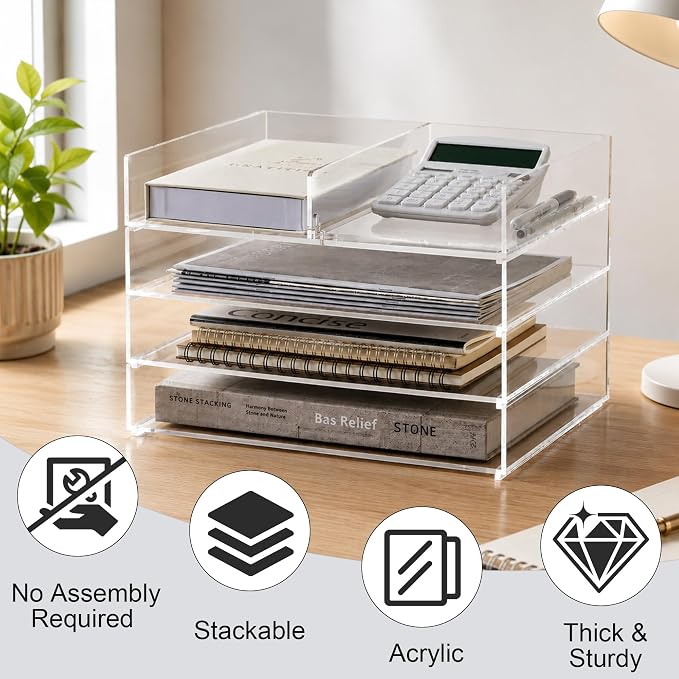 4-Tier Paper Tray Organizer Extra Large - Stackable Acrylic Desk Organizer | clear document sorter, vertical file holders, letter storage, workspace accessories, home, office, school, teachers, students