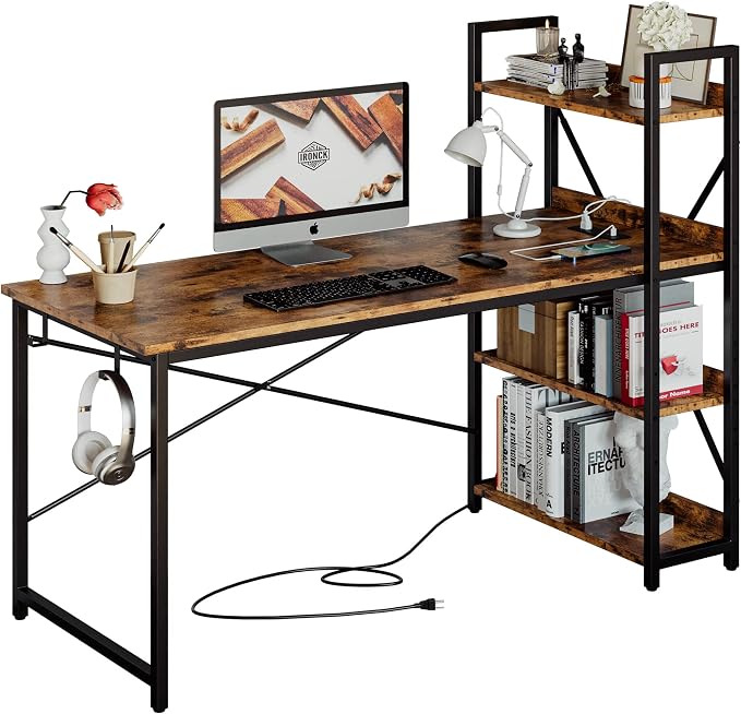 IRONCK Computer Desk 55" with Power Outlet and Storage Shelves,Rustic Brown | Study Writing Table with USB Ports Charging Station, PC Desk Workstation for Home Office