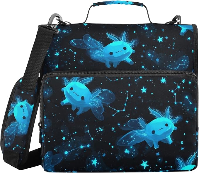 Fisyme Cartoon Galaxy Axolotl Zipper Binder 3 Ring with Zipper and Shoulder Strap Large Capacity Multi-Pocket Binder Organizer