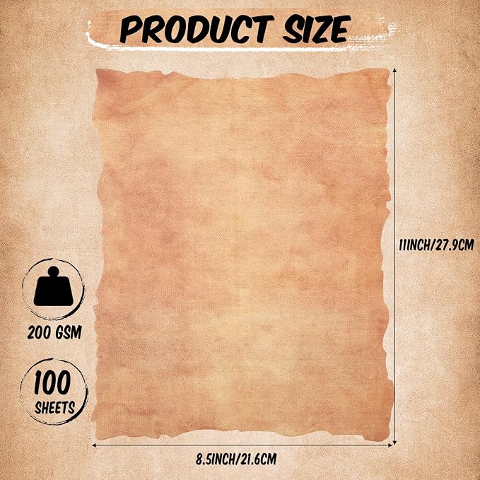 Harloon 100 Pcs Vintage Old Looking Cotton Watercolor Paper Cardstock Blank 200 GSM Thick Antiqued Deckle Edge Virgin Paper for Drawing Writing Printing Invitations Greeting (8.5x11 Inch)