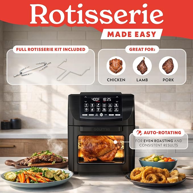 Gourmia Air Fryer - 14 Qt All-in-One Oven with Rotisserie, Digital Display with 12 Presets, Roast, Bake, Broil, Dehydrate, Dishwasher Safe Accessories, Black