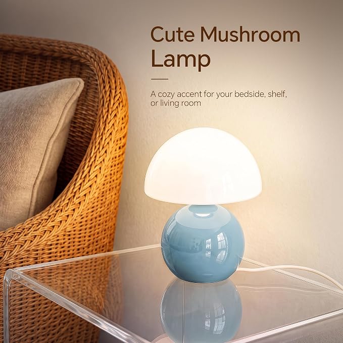 Mushroom Lamp Table Lamp for Bedroom-Small Desk Table Lamps,Blue | 8.7" Mid Century Modern Table Lamps for Living Room Bedroom Decor,Cute Ceramic Lamps for Mushroom Home Room Decor,Glass Shade