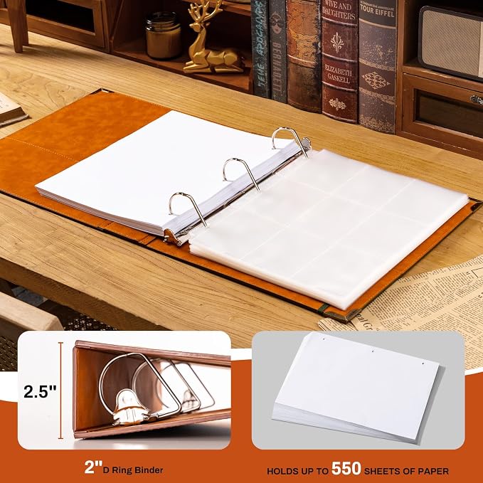 Ovesmusl 2 Pack PU Leather D Ring Binder, 2 Inch Green Tree | Fits 8.5x11 letter paper, holds 550 sheets, inner pockets, loose leaf organizer