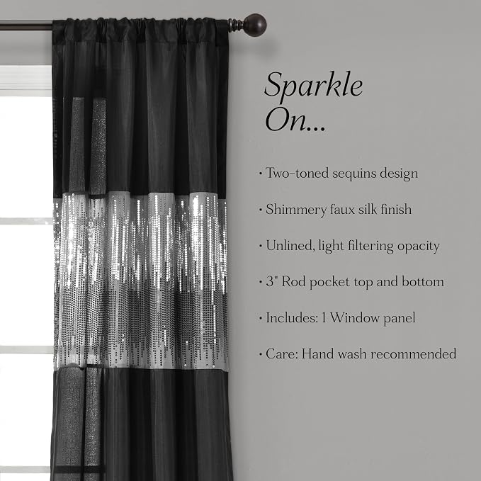 Lush Decor Night Sky Window Curtain Panel, Single 42"W x 84"L Black - Sequin Backdrop Curtain - Room Darkening Curtains For Bedroom - Glam Decor