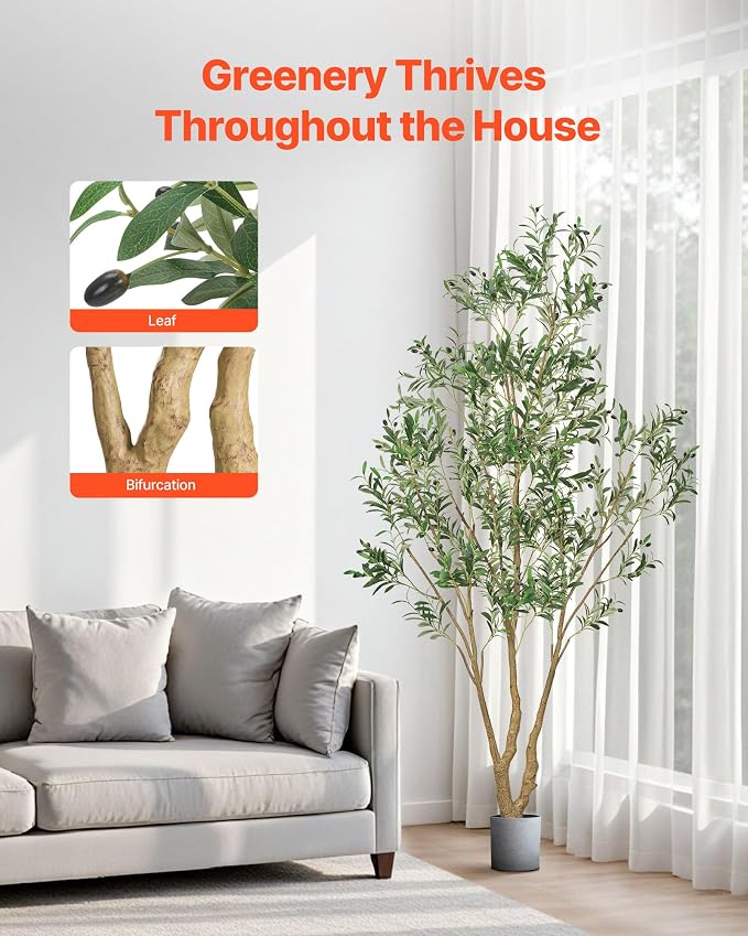 VEVOR 8FT Artificial Olive Tree with Black Pot, Tall Fake Tree with Natural Wood Trunk & Realistic Green Leaves and Fruits, Indoor Faux Plant for Home, Office, Living Room, Corner Decor