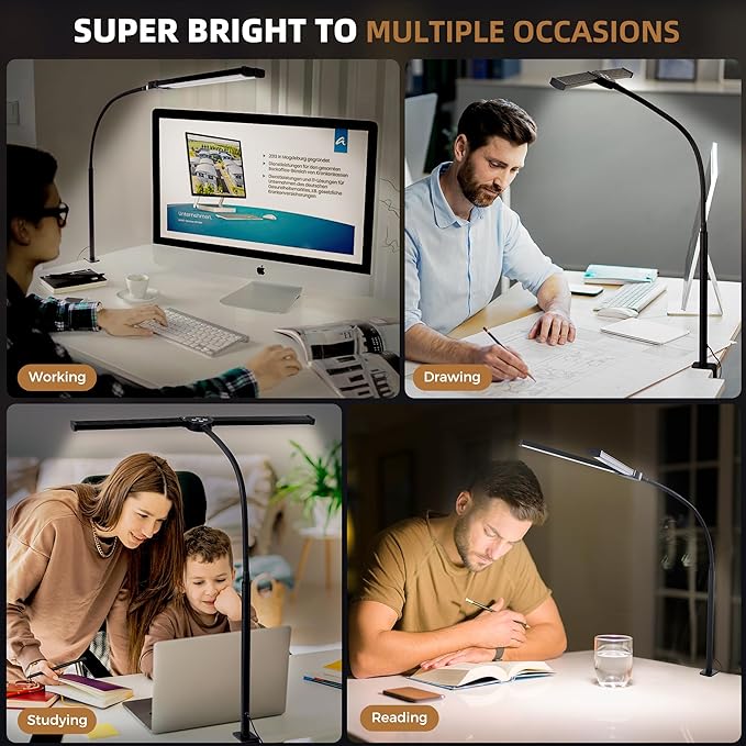 Motumen Led Desk Lamp for Home Office, Eye-Care Desk Light Clamp, Black | Smart Double Head Computer Monitor Table Clip Lamp, Adjustable Flexible Goose-Neck, 25 Lighting Models, Task Lamp