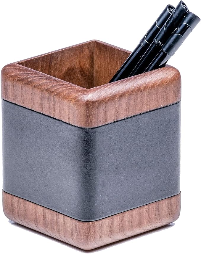 Dacasso Walnut and Black Leather Desk Set, 10-Piece, 34" x 20"