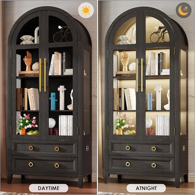 Arched Curio Cabinet with Glass Doors, 4-Tier Display Cabinet with 2 Drawers, Tall Bookcase with 3 Color Lights, Display Case, Kitchen Pantry (Black)