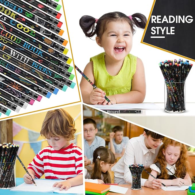 Pasimy 480 Pcs Reading Motivational Pencils Bulk Black Novelty Wooden Pencils with Eraser Classroom Inspirational Pen with Sayings for Kids Student Teacher School Reward Gifts Stationery Party