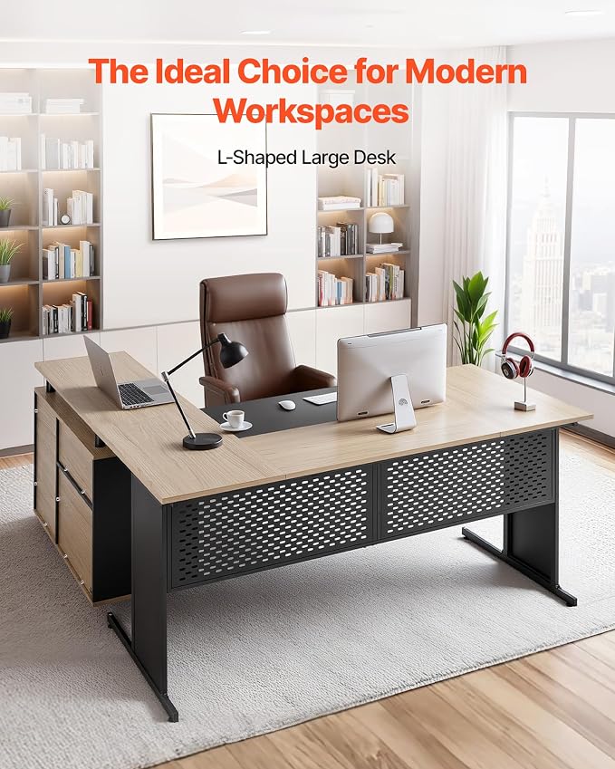 VEVOR 63" L-Shaped Executive Desk, Large Office Desk with Drawers, File Storage Cabinet, Detachable 350 LBS Load Capacity Corner Table, Easy Assembly, Business Furniture Workstation for Home Office
