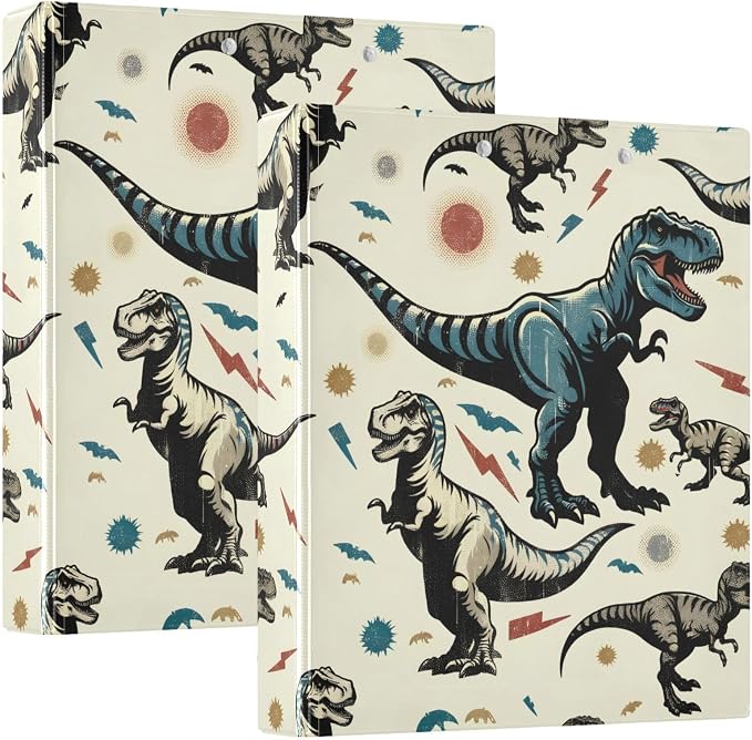 JIPONI 3 Ring Binder Dinosaurs Rex 1 Inch Round Binders for Men Women Students, Cute File Organizer for Office School, 2pcs