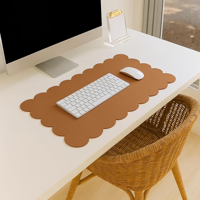 Orelle Scalloped Desk Mat | Vegan Leather Desk Mat for Keyboard and Mouse, Laptop, Makeup Vanity | Computer Desk Pad Mat | Office Desk Cover Mat | Desk Blotter Mat | 30 x 15” | Brown