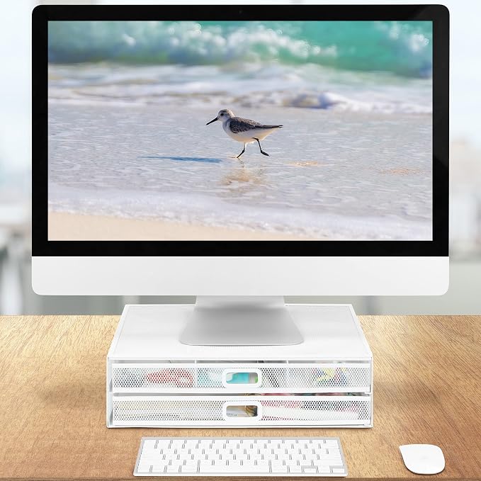 Mount-It! Mesh Computer Monitor Stand Riser [Metal] Desk Organizer with Two Pullout Storage Drawers for Desktop, Laptop, and Printer Accessories and Office Supplies (White)