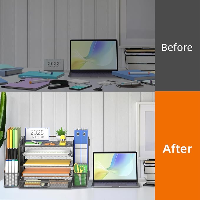 Mesh Desk Organizer with File Holder, 5-Tier Paper Letter Tray Organizer with Magazine Holder, Desktop Organizer and Storage with Drawer for Office Supplies Home or School (Black) | Two side magazine holders and a bottom drawer store papers, folders, n...