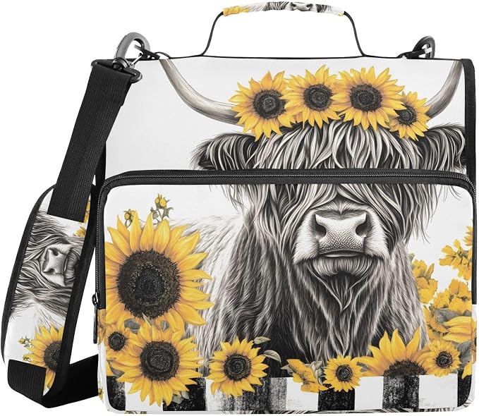 3 D-Ring Zipper Binder Bag, Gray Highland Cow Yellow Sunflower Removable Binder with Zipper Case Hold 300+ Sheets& 13 Inch Laptop for School Office Supplies Organizer