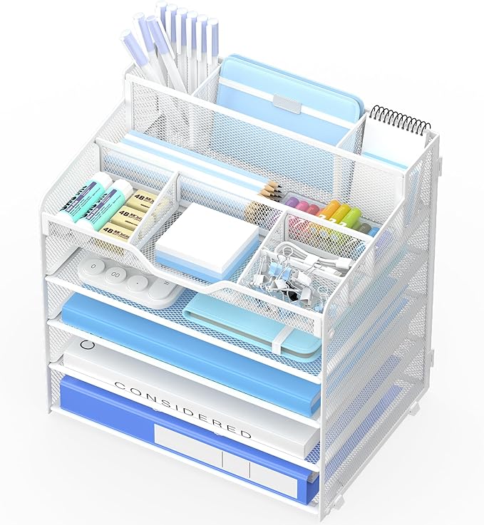 5 Tier Mesh Paper Desk Organizer with Pen Holders, White | Features 3 pen holders, and 5 adjustable compartments for office school home desk storage