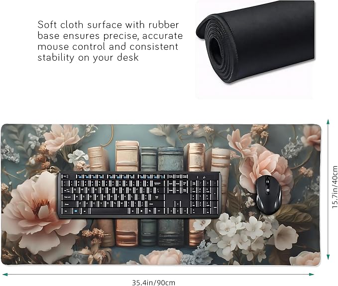 Floral Aesthetic Book Gaming Mouse Pad, Morandi Rococo Desk Mat with Anti-Slip Base & Stitched Edges, Office & Home Desk Decor for Women, 35.4" x 15.7" in Computer Desktop Mat