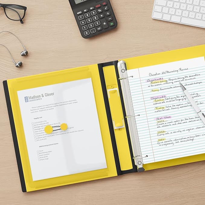 Staples Better View 1-Inch D-Ring Binder, Yellow, Clear Overlay | Durable 3-ring binder for school and office document organization.