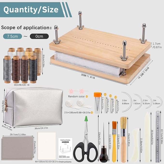UzecPk Book Binding Kits, Bookbinding Kit 11.8”x7.6” Wooden Book Press | Materials Book Making Kit Bookbinding Supplies with Book Cloth Bone Folder Awl Needles Wax Thread for Bindings Repair