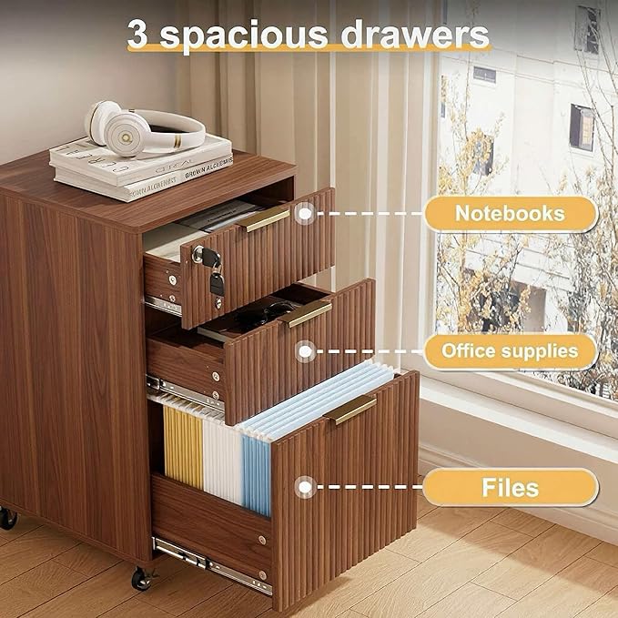3 Drawers Fluted Mobile File Cabinet with Lock, Rolling File Cabinet Printer Stand Table, Under Desk Wooden Filing Cabinets for Home Office Essentials Storage Organization Furniture Letters/A4(Walnut)