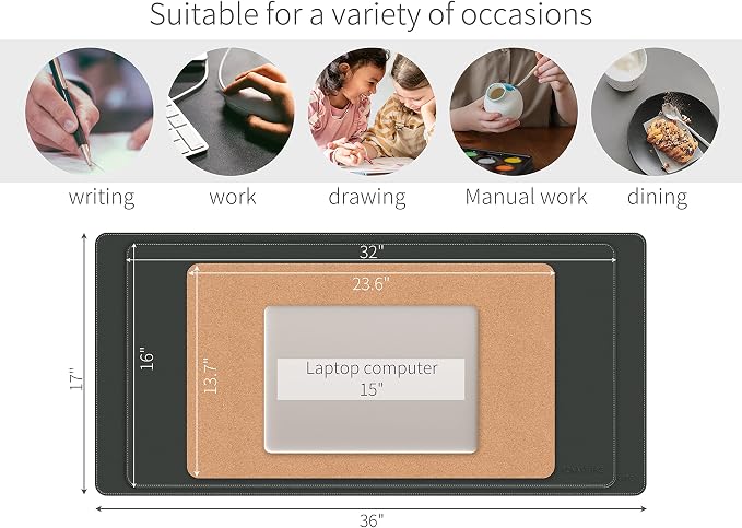 RENMTURE Dual-Sided Mouse Pad, Natural Cork & PU Leather Large Desk Pad for Office and Home Work, Desk Protector Non-Slip, Waterproof, Easy Clean (Black, 32"x16")