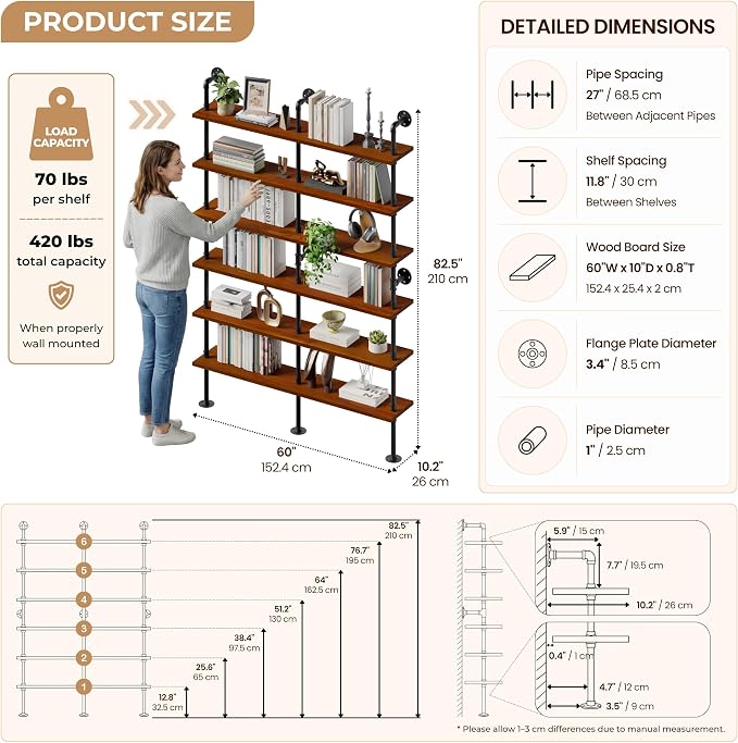 6-Tier LED Ladder Shelf, Wall Mounted Pipe Bookshelf, Walnut Brown 60 Inch | Solid pine 6-tier wall mounted pipe bookshelf with warm LED lights, 70 lb shelves, for books, plants and decor