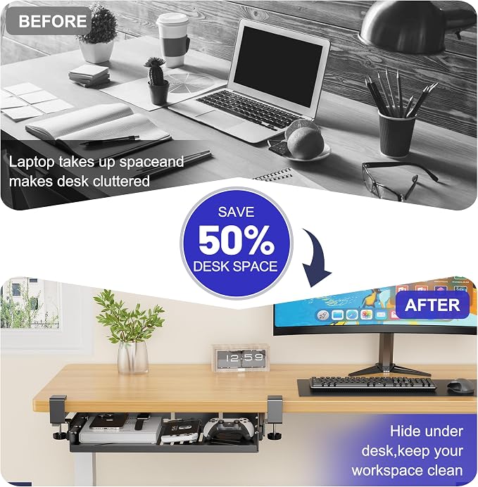 BYMECOST Sliding No Drill Under Desk Laptop Mount, Metal Storage Shelf | Slide Out Laptop Storage Tray for Macbook, Mac Mini, Anti-scratch Silicone, fits Office, Gaming, Workstations