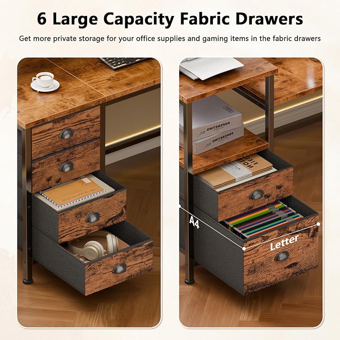 Furologee 66'' L Shaped Computer Desk with 6 Drawers & LED, Rustic Brown | Reversible Large Corner Desk with Printer Storage Shelves,LED Lights,Monitor Stand for Home Office,Working Writing Study