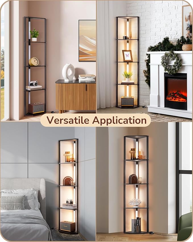 EDISHINE 64" Corner Shelf Floor Lamp for Living Room, Modern LED Corner Light with Shelves, 3CCT, Stepless Dimmable Tall Floor Light for Bedroom, Office, Dining Room, 3000K 4000K 5000K, Black Walnut | Stepless Dimming, 4-Layer Shelf, Foot Switch, 3000K...