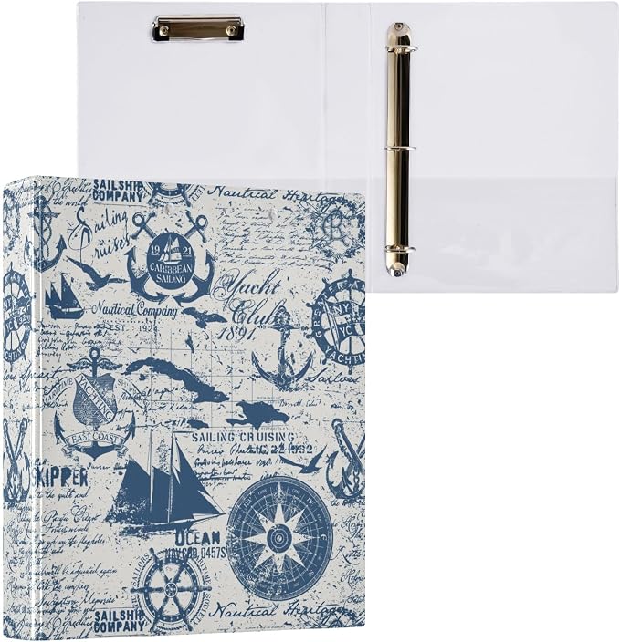 Vintage Ship Anchor Binder 1.5 Inch Binder with Clipboard&Pockets, Nautical Theme Hardcover Binders 3 Ring, Heavy Duty Large File Folder for Office School Supplies - Holds 200 Sheets