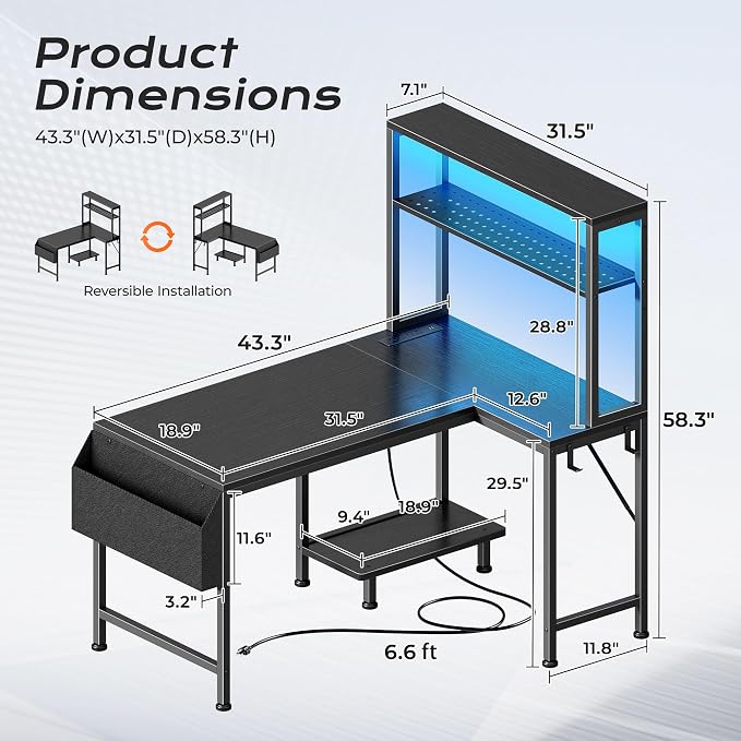 L Shaped Gaming Desk with LED Lights & Power Outlets | Reversible Computer Desk with Storage Shelves & Bag, Small Corner Home Office Desk with Pegboard for Work from Home, Black
