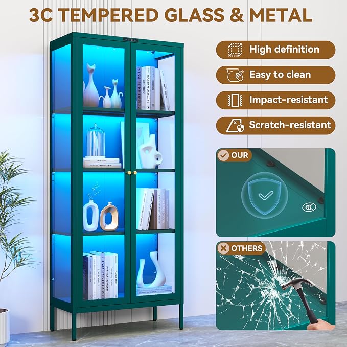 Polup 66" Green Glass Display Cabinet with 8-Color LED for Plants | Metal Frame & Tempered Glass Doors, Motion Sensor LED, 4-Tier Space, 3 Adjustable Shelves, for Indoor Plants & Figures