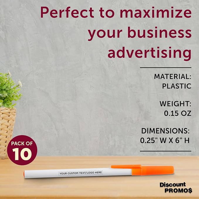 DISCOUNT PROMOS Custom Value Stick Pens Set of 10, Personalized Bulk Pack - Black Ink, Great for Office, School, Business, Tradeshows, Events - Orange