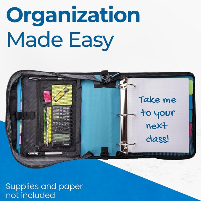 Case-it School Zipper Binder | 3-Inch O-Rings | 600-Sheet | D-146 Teal | Mighty Zip Tab, 5-Color Tab Expanding File Folder, Shoulder Strap, Handle, Office