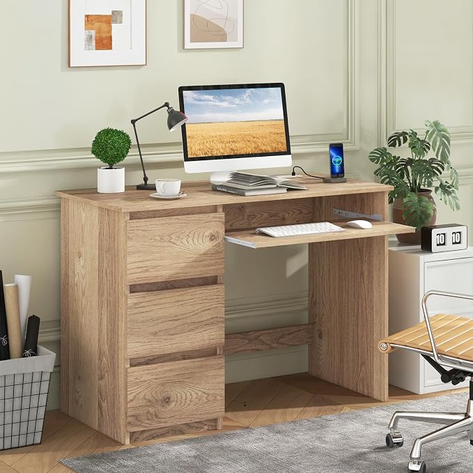 Tangkula Computer Desk with 3 Storage Drawers & Built-in Charging Station, Home Office Desk with Keyboard Tray, PC Desk Study Writing Desk, Vanity Table for Bedroom, Computer Workstation (Natural)