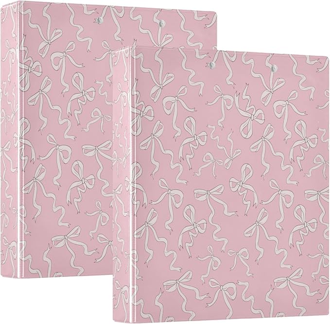 Pink Bow Ribbon Stripe Round Ring Binders 1.5 Inch Cute Bow Knot Tie 3 Ring Clipboard Binder for Office School Work Supplies File Folder Document 200 Sheet Capacity Easy Open 2 Pieces