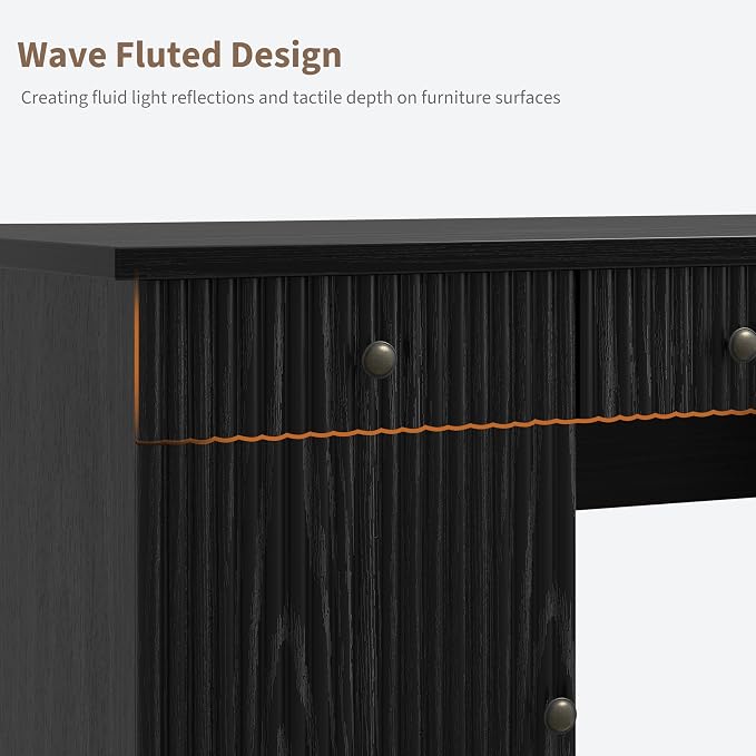 Garvee 60" Office Desk with Storage & Drawers for Home Office, Black | Fluted Wood Executive Desk with File Drawers & Charging Station, Modern Computer Desk with Adjustable Shelves