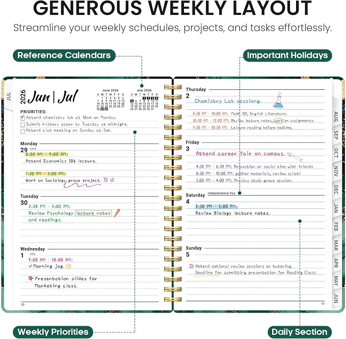 Taja Planner 2026-2027, Jul 2026-Jun 2027 Monthly & Weekly Calendar Planner | 6.3" x 8.5", Hardcover Academic Calendar, Teacher Student Agenda Book with Tabs, School Office Supplies, Emerald Drift