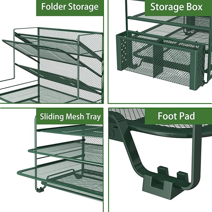 Simple Trending 7 Tier Desk File Organizer, Letter Tray Paper Organizer with Pen Holder and Metal Hanging Basket, Green