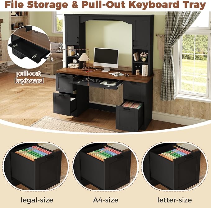 Merax Farmhouse Arched 67" Computer Desk with Power Outlets & Keyboard Tray, Wood Executive Home Office Desk with Hutch, Writing Desk with Storage Drawers for Working Study, Black