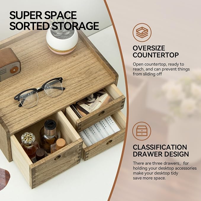 KIRIGEN Wooden Desk Organizer with 3 Drawers and Top Tray, Brown DT1D3C-DBR | 3-Drawer Cabinet with Top Tray Stores Office Supplies, Toiletries, Tools, Crafts, and Small Accessories on Desks or Counters