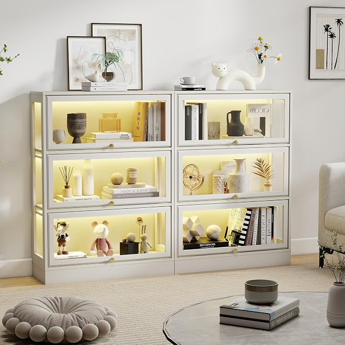 Display Cabinet with Acrylic Glass Doors,3-Tiers Curio Cabinet with LED Lighting for Collectibles, Collectibles Toy Organizers Rack & Display Shelf Display Case Storage Cabinet, White