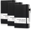 feela 3 Pack Notebooks Journals Bulk with 3 Black Pens, A5 Hardcover Notebook Classic Ruled Lined Journal Set with Pen Holder for Work Business Journaling Note Taking, 120 GSM, 5.1”x8.3”, Black