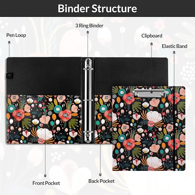 SKYDUE 1 Inch 3-Ring Binder with Clipboard, PU Binder with 5 Dividers, Notepad, Stickers & Pockets for Work and School - Aesthetic Binder (Letter Size)