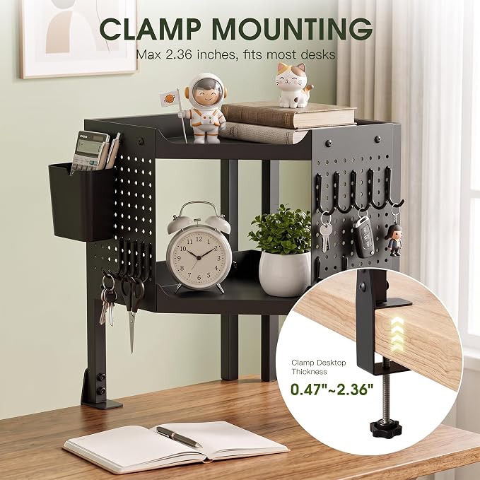 2-Tier Metal Clamp On Desk Shelf, Desk Organizer with 2 Pegboards and Hooks | Heavy Duty Corner Desk Shelf with Removable Pegboards Headphone Holder Pencil Cup and Hooks for Desk organizers Accessories